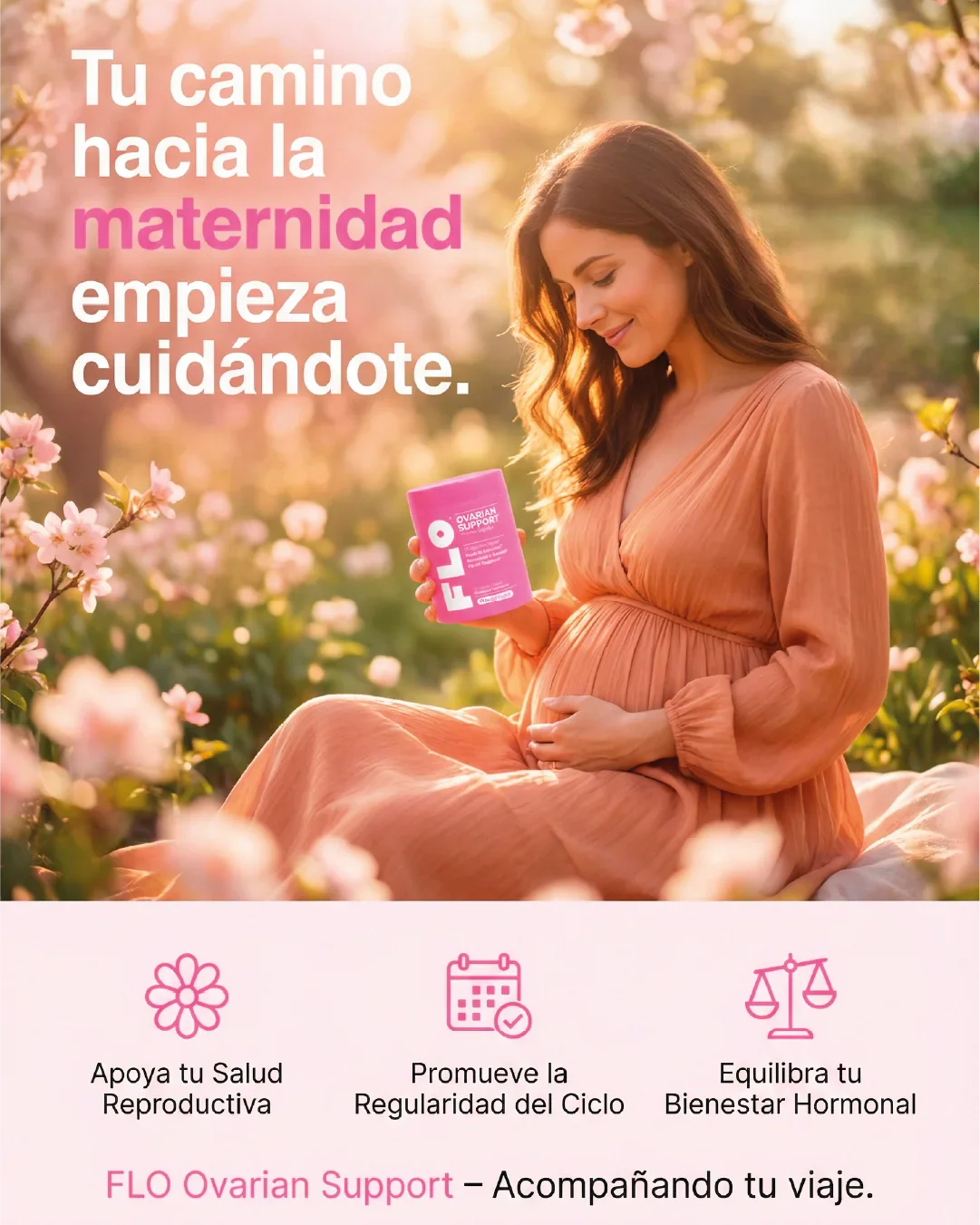 Mujer embarazada sosteniendo el producto FLO Ovarian Support para bienestar íntimo femenino en un entorno natural.