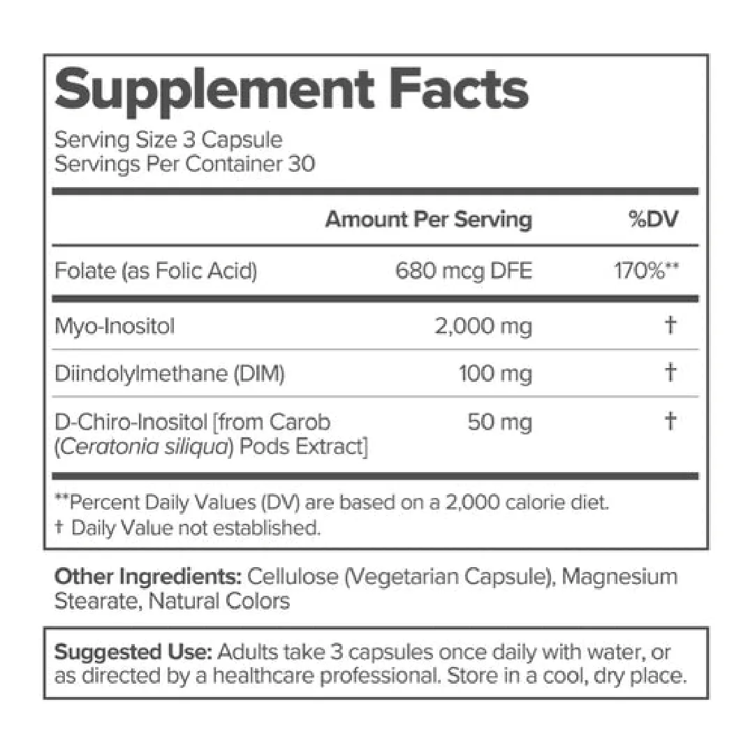 Información nutricional del suplemento, con enfoque en el bienestar íntimo femenino y ingredientes clave.