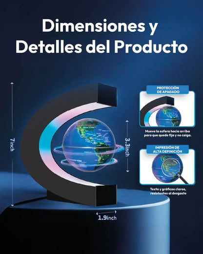 Dimensiones y detalles del producto de la Lampara Mapamundi Flotante con globo terráqueo en levitación magnética.