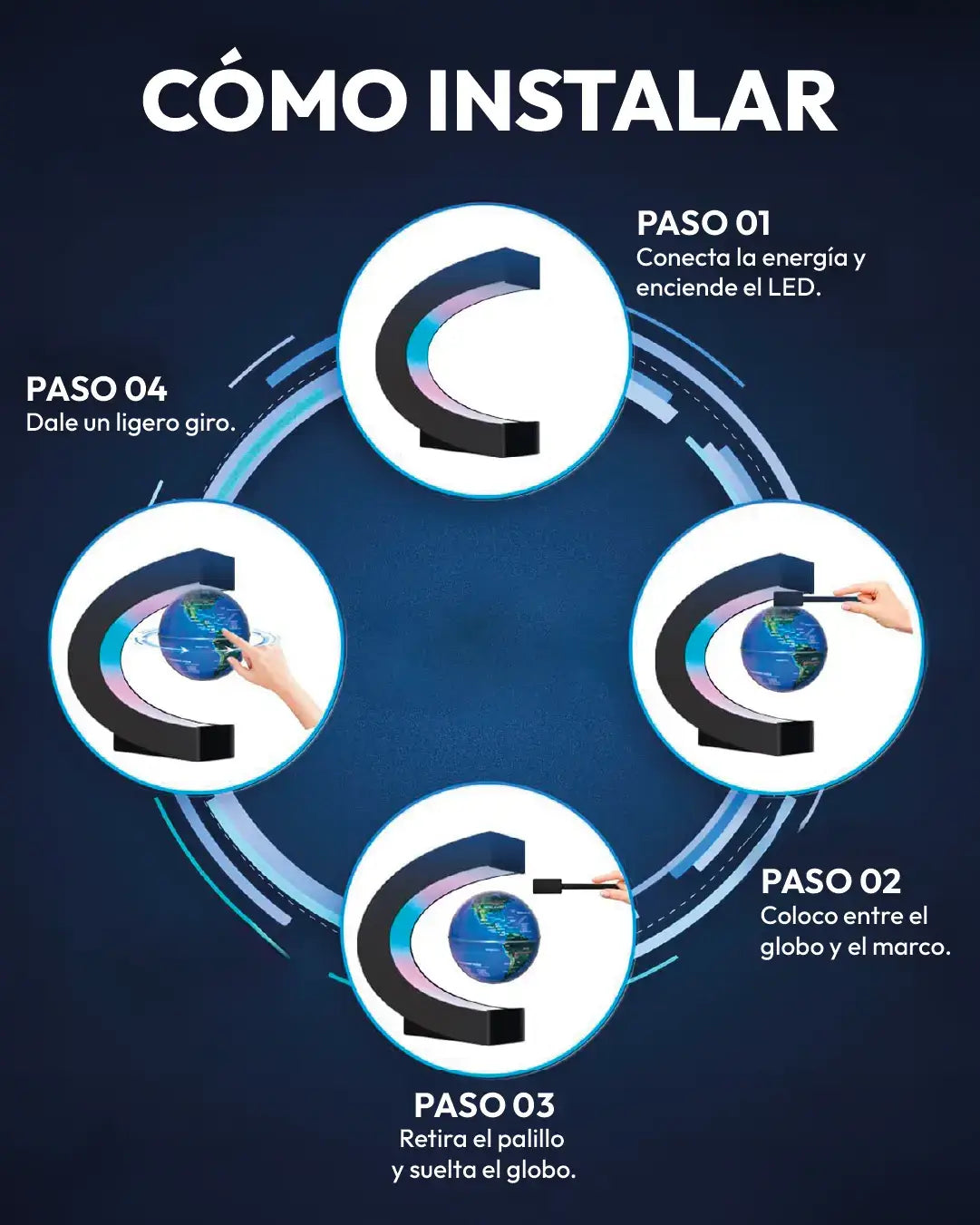 Instrucciones de instalación para la Lampara Mapamundi Flotante con cuatro pasos visuales.