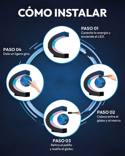 Instrucciones de instalación para la Lampara Mapamundi Flotante con cuatro pasos visuales.