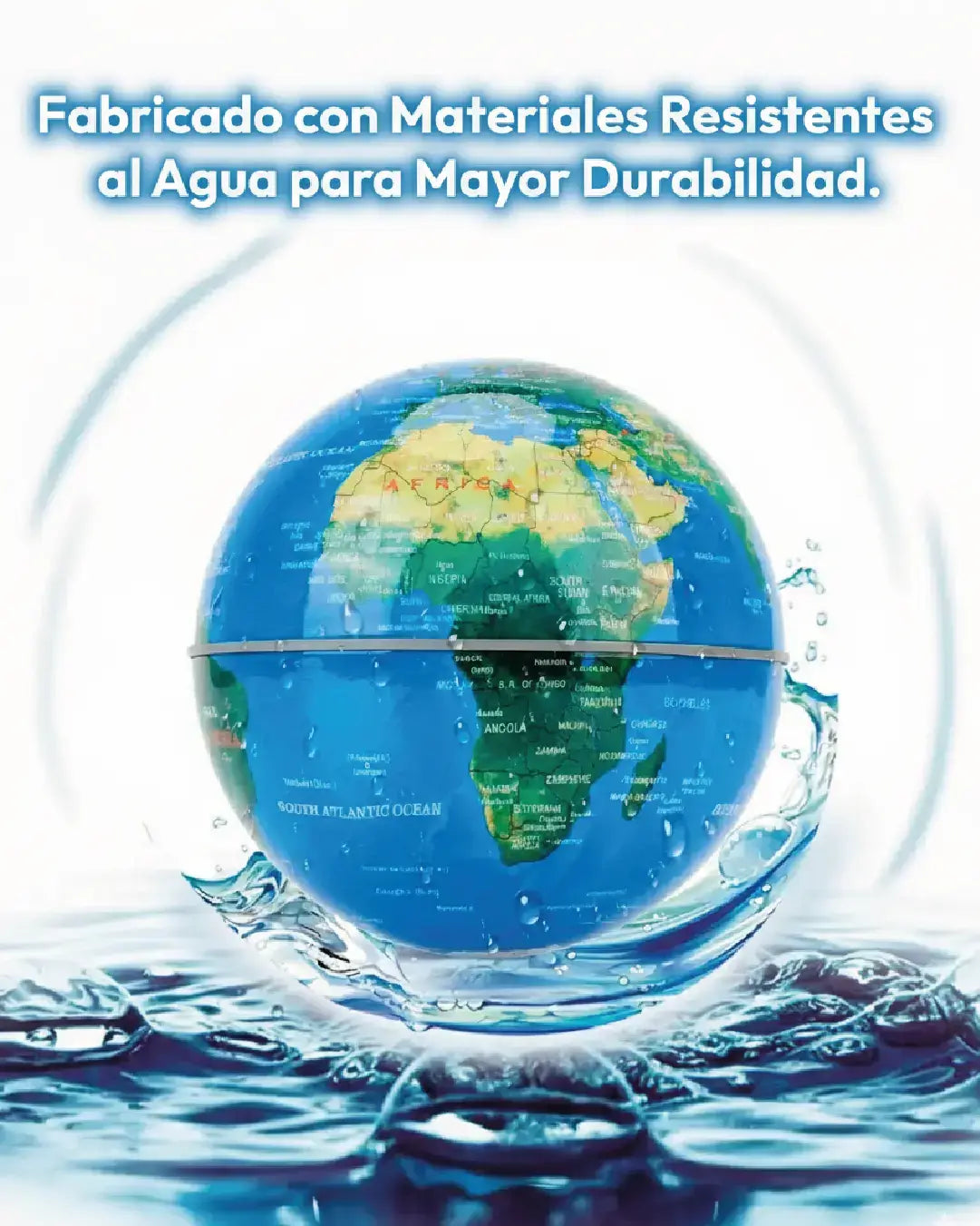 Lámpara Mapamundi Flotante en agua, mostrando su durabilidad y diseño innovador.
