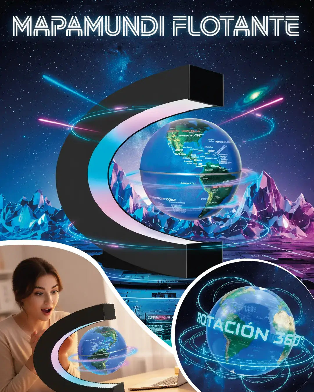 Lámpara Mapamundi Flotante girando en el aire, mostrando un diseño moderno y educativo.