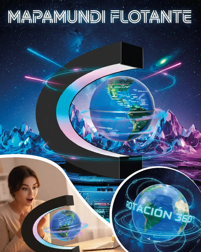 Lámpara Mapamundi Flotante girando en el aire, mostrando un diseño moderno y educativo.
